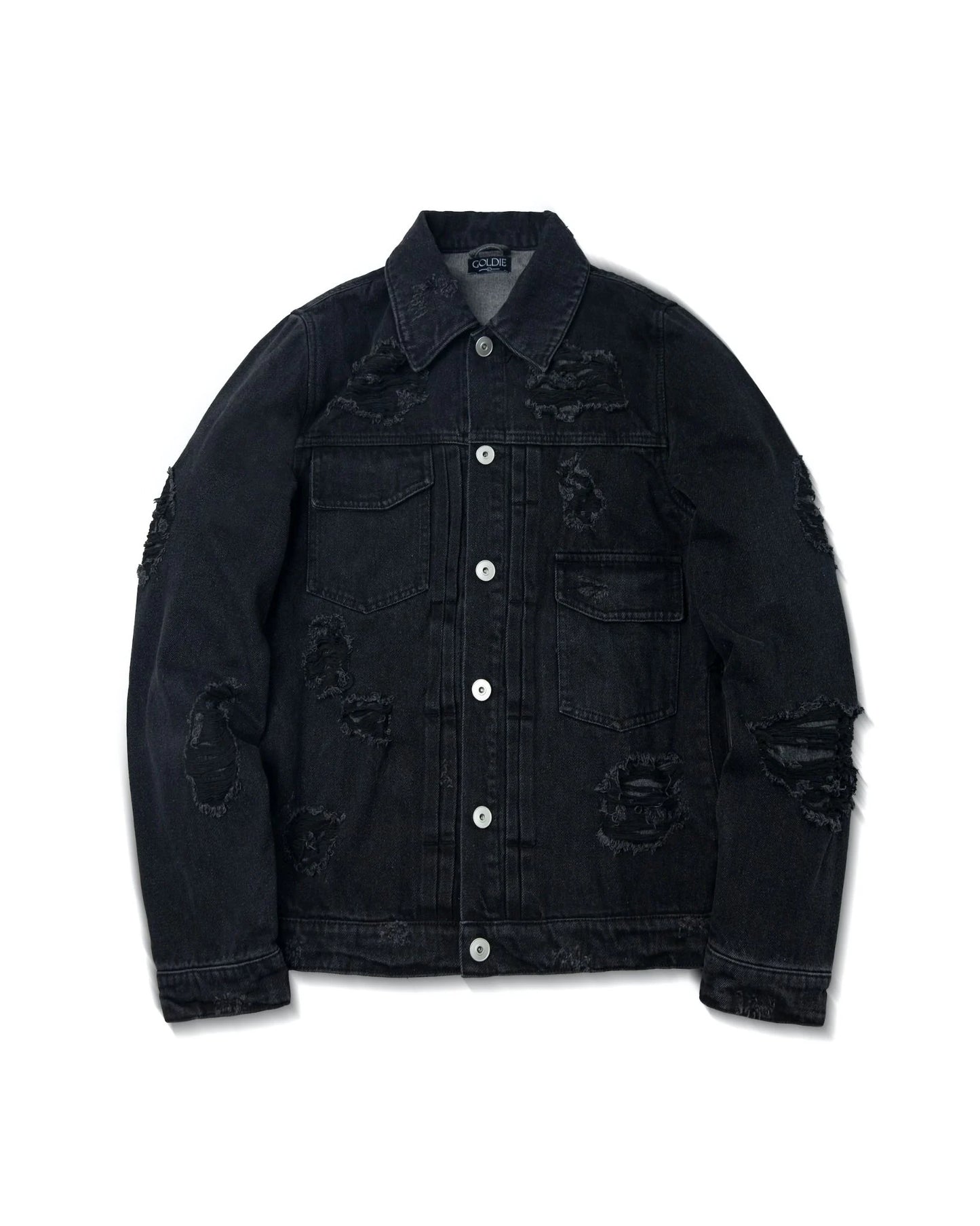 MULTI DISTRESSED WASHED DENIM JACKET - BLACK