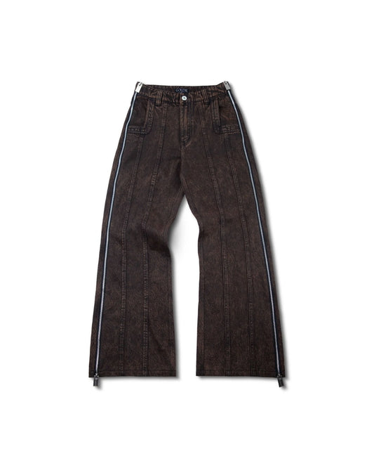 ZIPPED BROWN WASHED DENIM PANTS