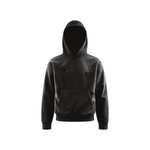Black hoodie with a small logo on a white background
