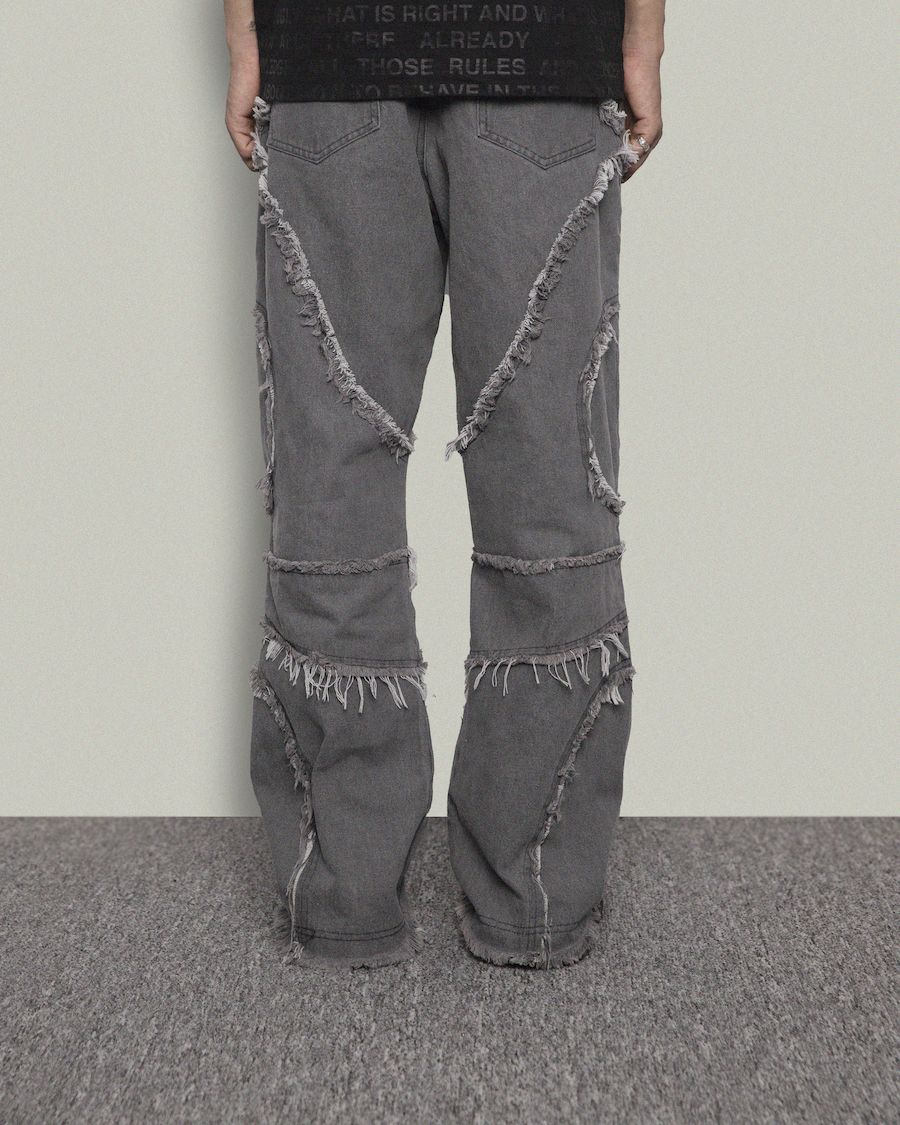 FRAYED-EDGE WASHED DENIM PANTS - GREY