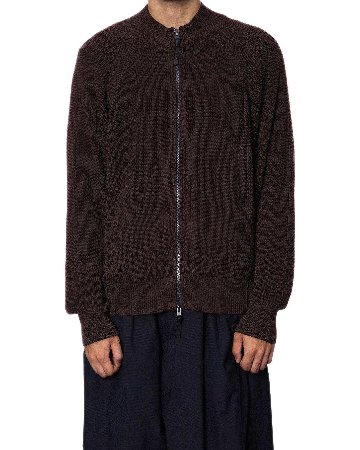 KNIT ZIPPED BOMBER JACKET - BROWN