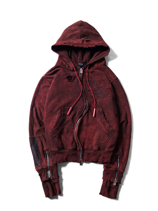 DESTROYED CURVED RED ZIPPED HOODIE