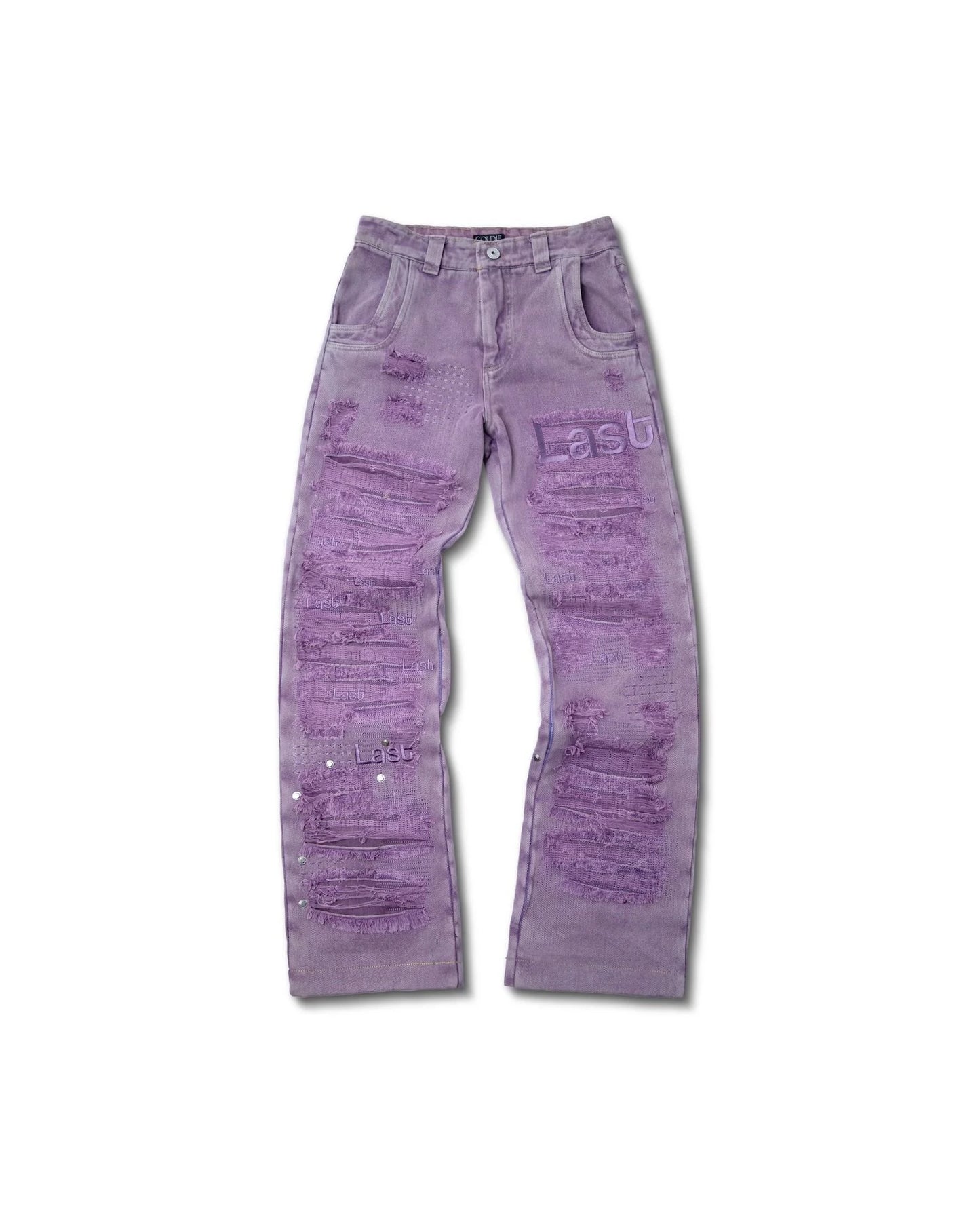 PURPLE 'LAST LAST LAST' DISTRESSED DENIM PANTS