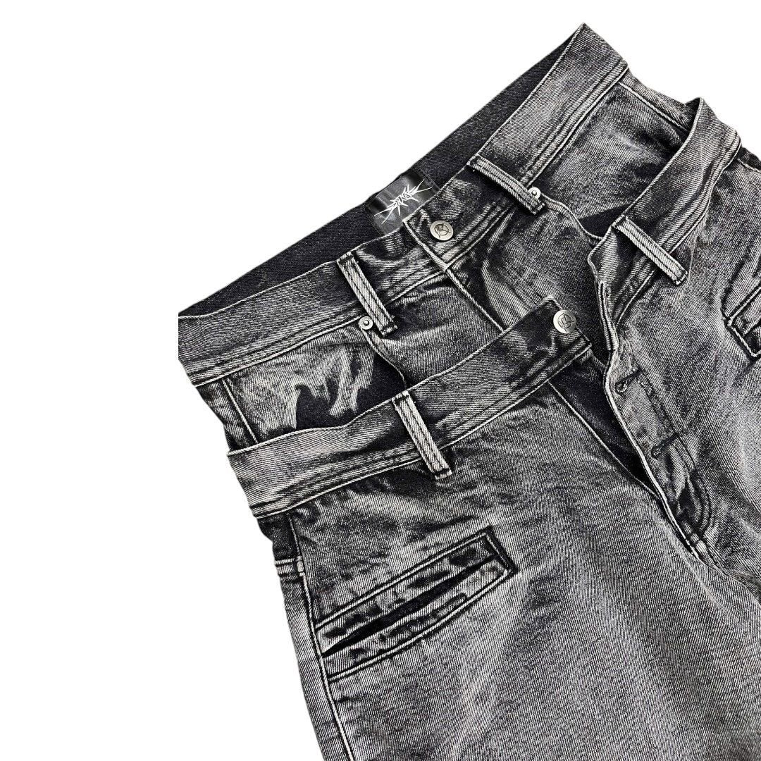 DOUBLE WAIST WASHED JEANS - STONE GRAY