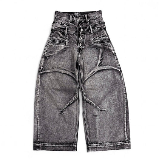 DOUBLE WAIST WASHED JEANS - STONE GRAY